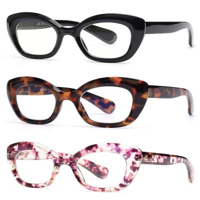 JM 3 Pack Oversized Cat Eye Reading Glasses for Women Funky Blue Light Flexible Cateye Readers +2.0