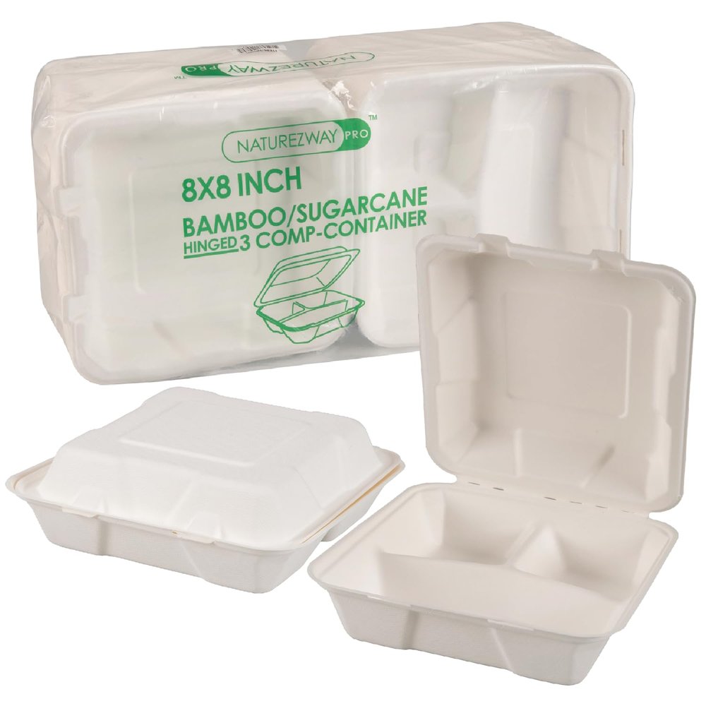 NATUREZWAY PRO (200 PACK 8" x 8" x 3.2" Hinged Bamboo To-Go Containers (3 Compartments) - Premium Quality - Compostable - Biodegradable - Tree-Free Eco-Friendly Takeout Boxes