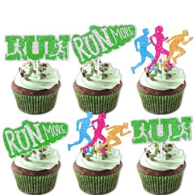 18pcs Glitter Run Dessert Cupcake Topper Pace Running Track Cross Country Marathon Theme Decorations Men Women Boys Girls Happy Birthday Party Decor Supplies