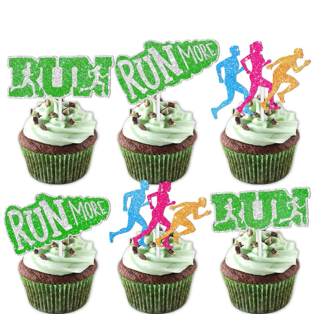 18pcs Glitter Run Dessert Cupcake Topper Pace Running Track Cross Country Marathon Theme Decorations Men Women Boys Girls Happy Birthday Party Decor Supplies