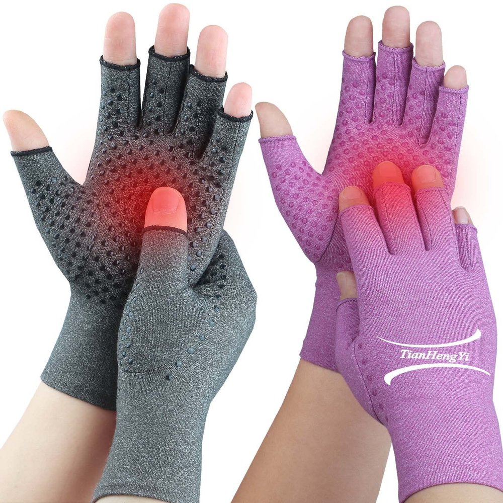 2 Pairs Arthritis Gloves for Pain Relief, Compression Gloves for Arthritis, Carpal Tunnel, Osteoarthritis, Joint, Typing, Driving, Fingerless Hand Gloves for Women Men (Grey1+Purple1, Small)