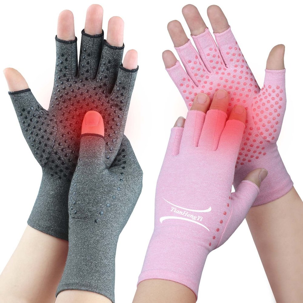 2 Pairs Arthritis Gloves for Pain Relief, Compression Gloves for Arthritis, Carpal Tunnel, Osteoarthritis, Joint, Typing, Driving, Fingerless Hand Gloves for Women Men (Grey1+Pink1, Medium)