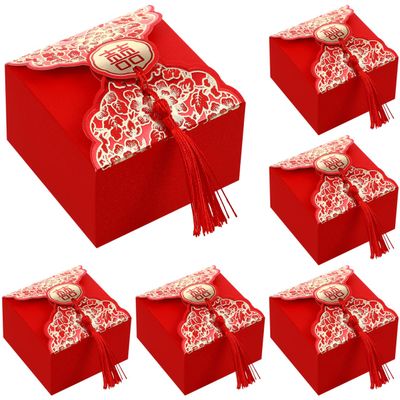 20pcs Wedding Candy Boxes Chinese Style Wrapping Box with Tassel Paper Treat Boxes Party Treat Containers Wedding Engagement Party Favors Red 3X3X2 Inches