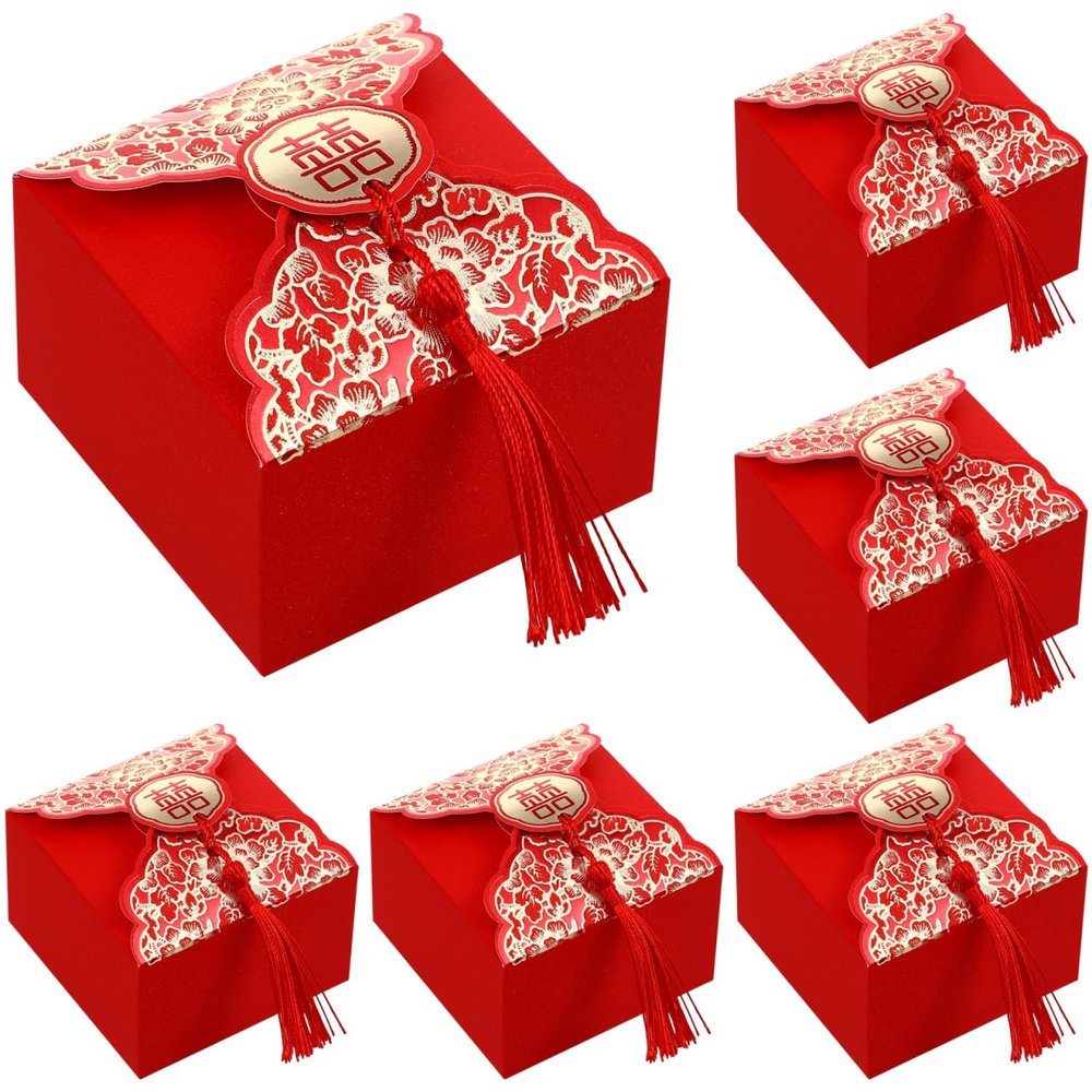 20pcs Wedding Candy Boxes Chinese Style Wrapping Box with Tassel Paper Treat Boxes Party Treat Containers Wedding Engagement Party Favors Red 3X3X2 Inches