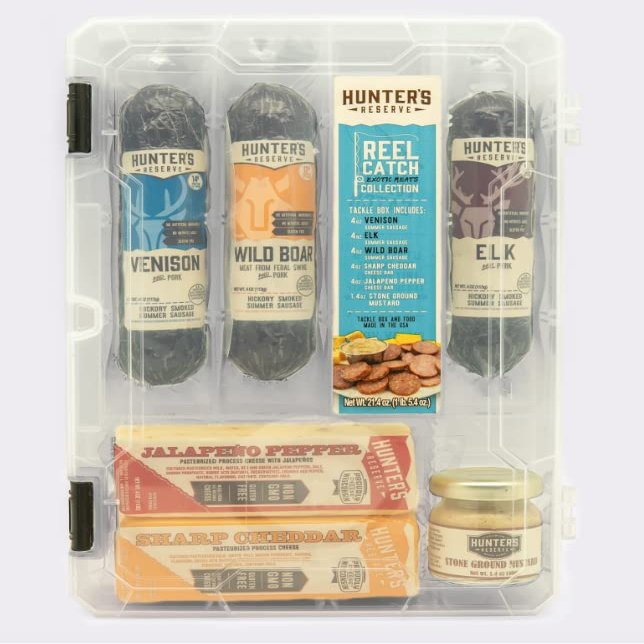 HUNTERS RESERVE - A REEL CATCH EXOTIC MEAT & CHEESE COLLECTION - TACKLE BOX - VENISON ELK WILD BOAR SHARP CHEDDAR CHEESE STONE GROUND MUSTARD
