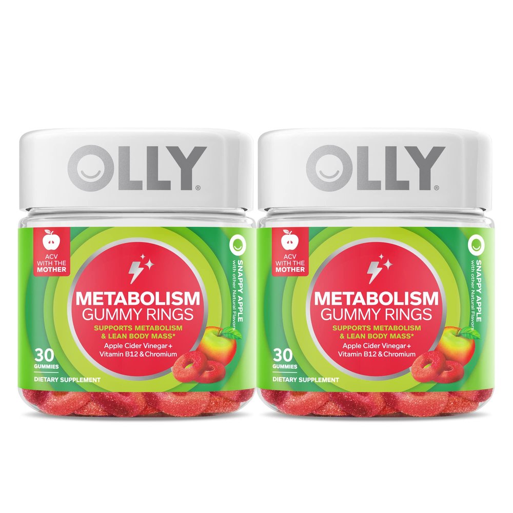 OLLY Metabolism Gummy Rings, Apple Cider Vinegar, Vitamin B12, Chromium, Energy and Digestive Health, Chewable Supplement, Apple Flavor, Twin Pack - 60 Count