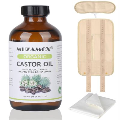 MUZAMOX Castor Oil Pack Wrap & 8fl.oz Glass Bottle Set, Organic Cold-Pressed Unrefined Castor Oil Included
