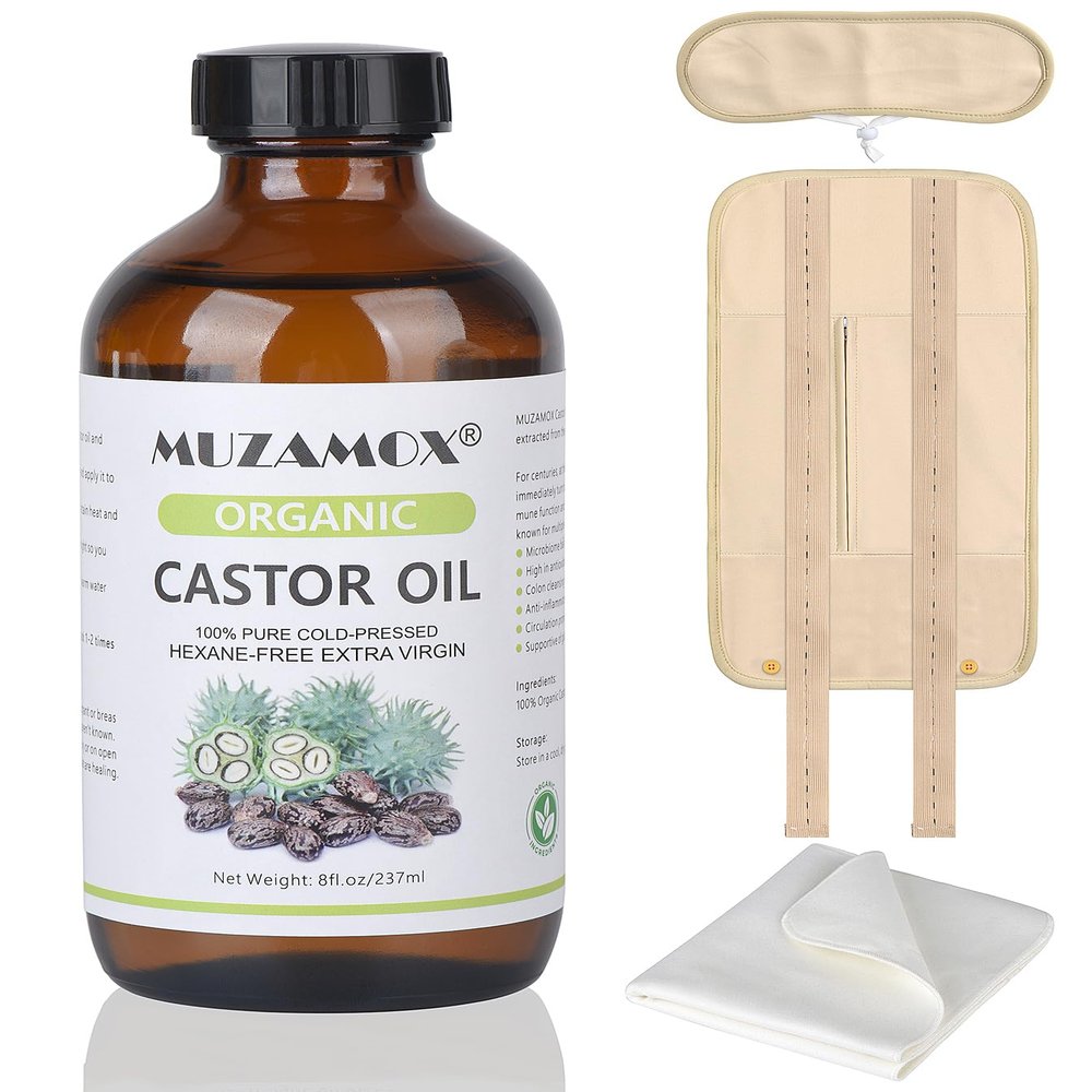 MUZAMOX Castor Oil Pack Wrap & 8fl.oz Glass Bottle Set, Organic Cold-Pressed Unrefined Castor Oil Included