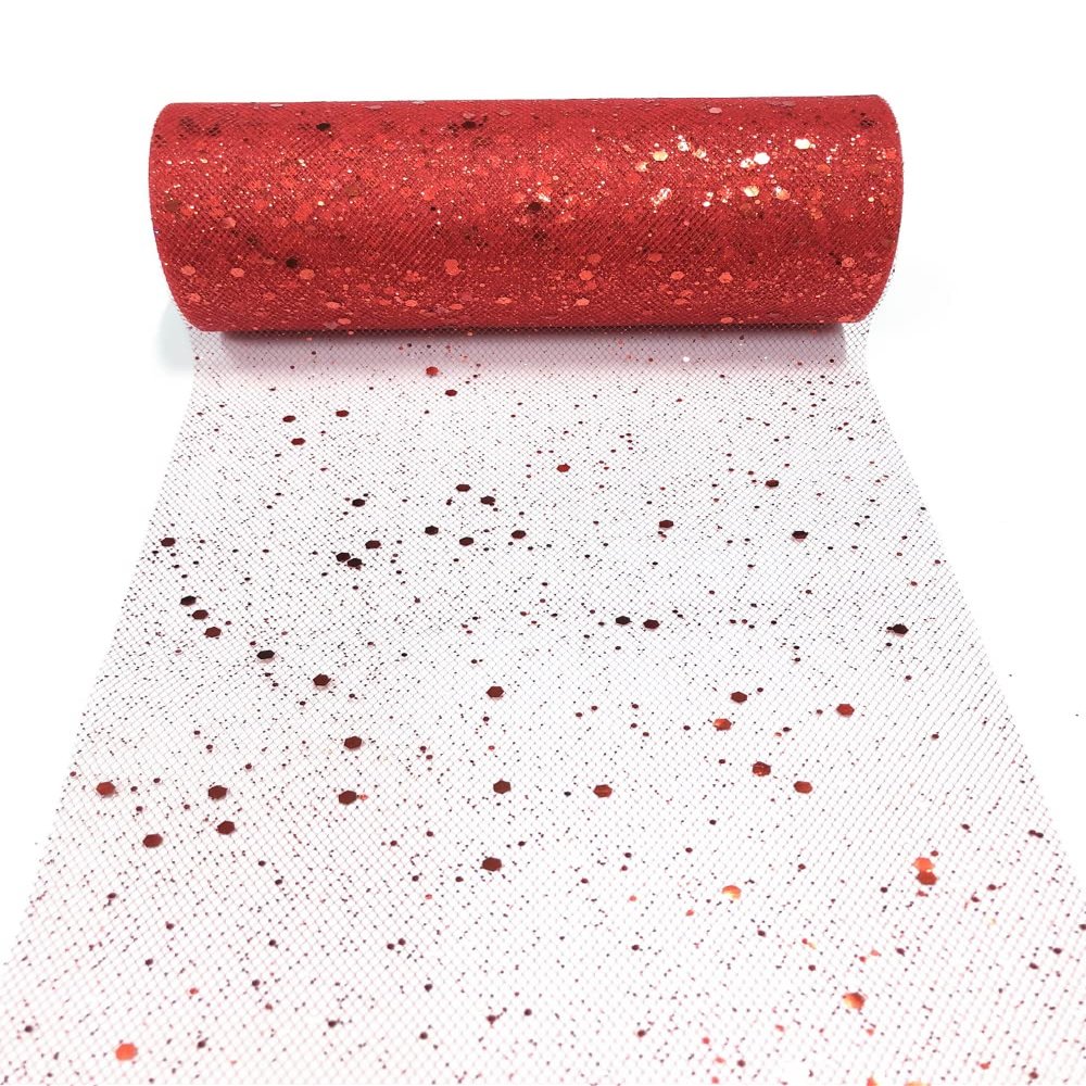 Sparkling Tulle Fabric for Tutu Skirts and Wedding Party Birthday Festival Decoration Gift Wrapping with Hexagon Glitters 6" x 25 Yards (Red)