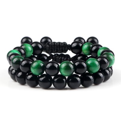 2pcs Men Shiny Black Natural Stone Beaded Bracelets Stone Obsidian Onyx Beads Bracelets Women Yoga,Green Tiger Eye