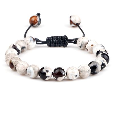 8mm Men Women Agates Onyx Beads Bracelet Bangles Natural Stone Chakra Buddha Adjustable Gifts,White Fire