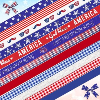 12 PCS Veterans Day Patriotic Ribbons for Crafting, 3/8" Width Grosgrain Ribbons American Stripes Stars Craft Ribbon Red Blue Memorial Day Decoration Ribbons for Gift Wrapping Supplies