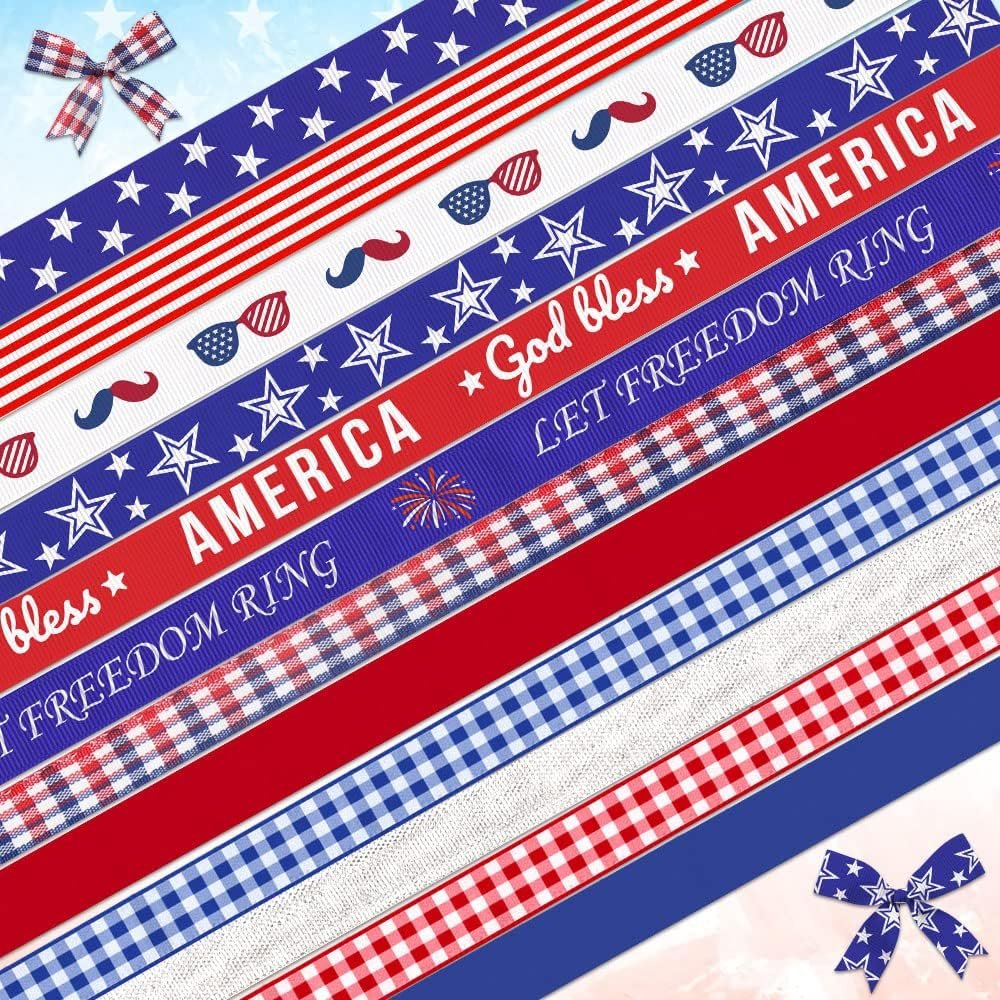 12 PCS Veterans Day Patriotic Ribbons for Crafting, 3/8" Width Grosgrain Ribbons American Stripes Stars Craft Ribbon Red Blue Memorial Day Decoration Ribbons for Gift Wrapping Supplies