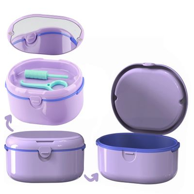 MURRI&MURRDI Retainer Case, Denture Bath Box with Strainer Basket, Mouth Guard Case Purple Braces Cleaner Cup, Cute Denture Holder Retainer Storage Soak Container for Travel (D Purple)