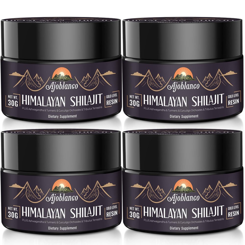 Ajoblanco 600mg Natural Himalayan Organic Shilajit Resin - Himalayan Gold Shilajit Resin with Organic Ayurvedic Blend in High Potency for Energy, Strength & Immunity, Pack of 4