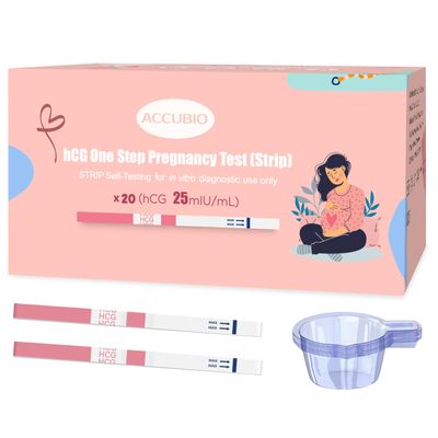 ACCUBIO Pregnancy Test Strips with Urine Cups, hCG Detection Home Pregnancy Tests, Sensitive & Over 99% Accurate, 20 Count Individually Wrapped, Rapid hCG Test Strips, 5mm Wider 25mIU/mL
