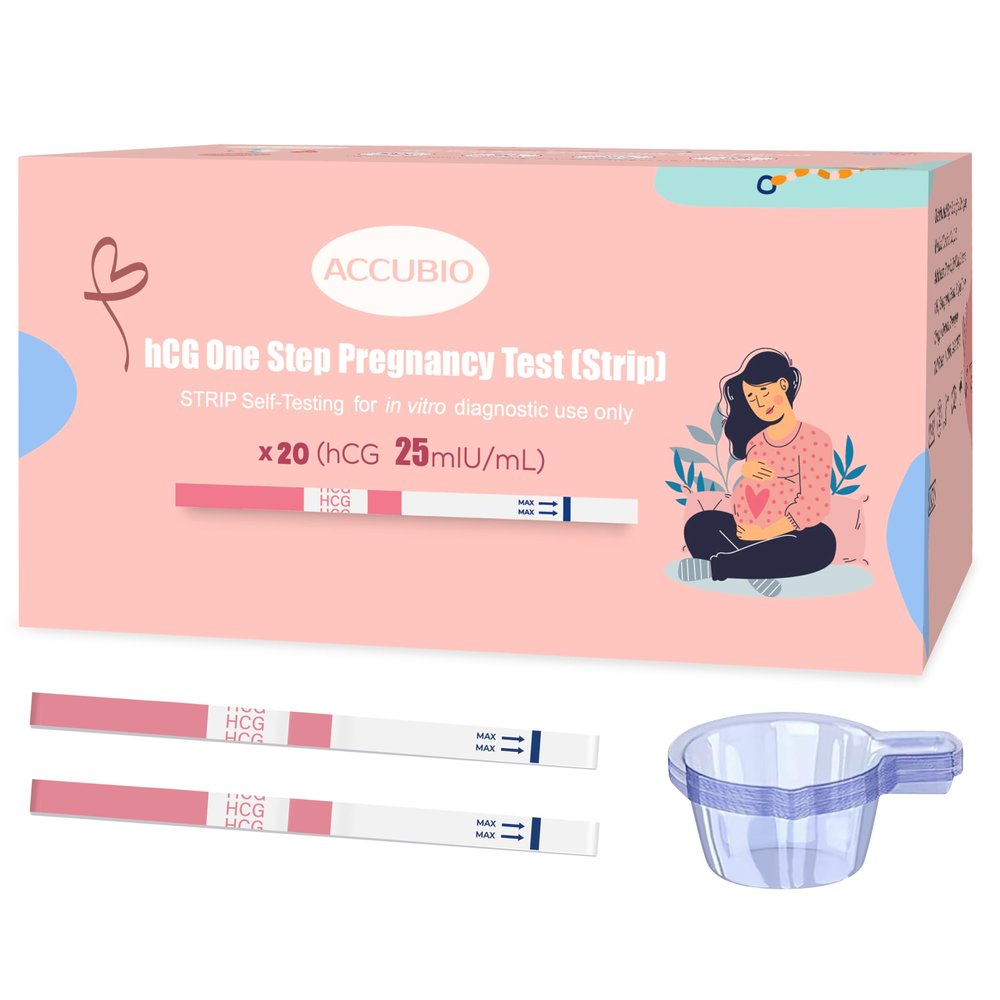 ACCUBIO Pregnancy Test Strips with Urine Cups, hCG Detection Home Pregnancy Tests, Sensitive & Over 99% Accurate, 20 Count Individually Wrapped, Rapid hCG Test Strips, 5mm Wider 25mIU/mL