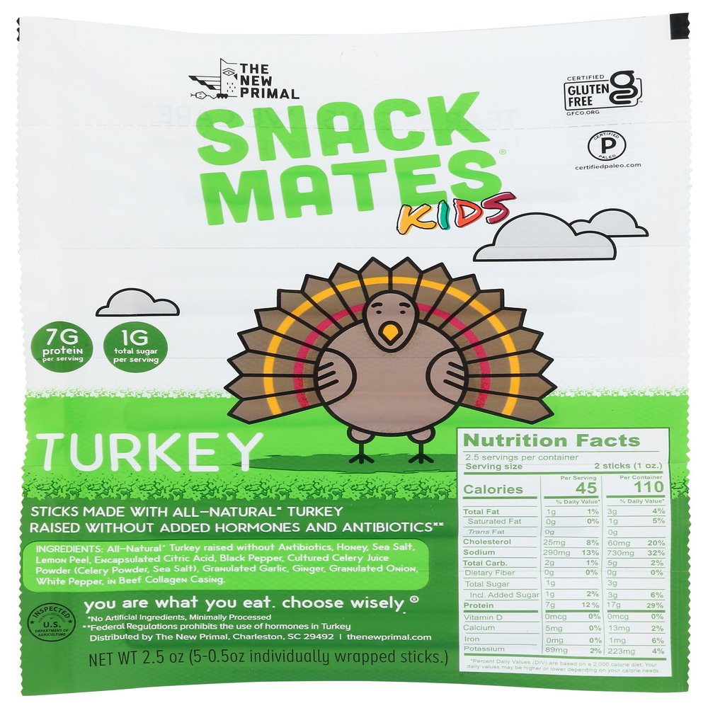 The New Primal Snack Mates Kids Turkey Stick, High Protein, Low Sugar, 2.5 Ounces (Pack Of 8)