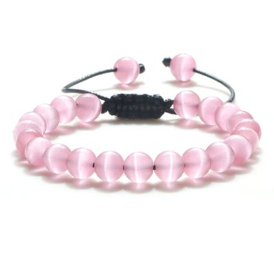 8mm Tiger Eye Stone Beads Bracelet Adjustable Braided Rope Bangles Natural Lava Rock Men Women Yoga Bracelets,Pink Cat Eye
