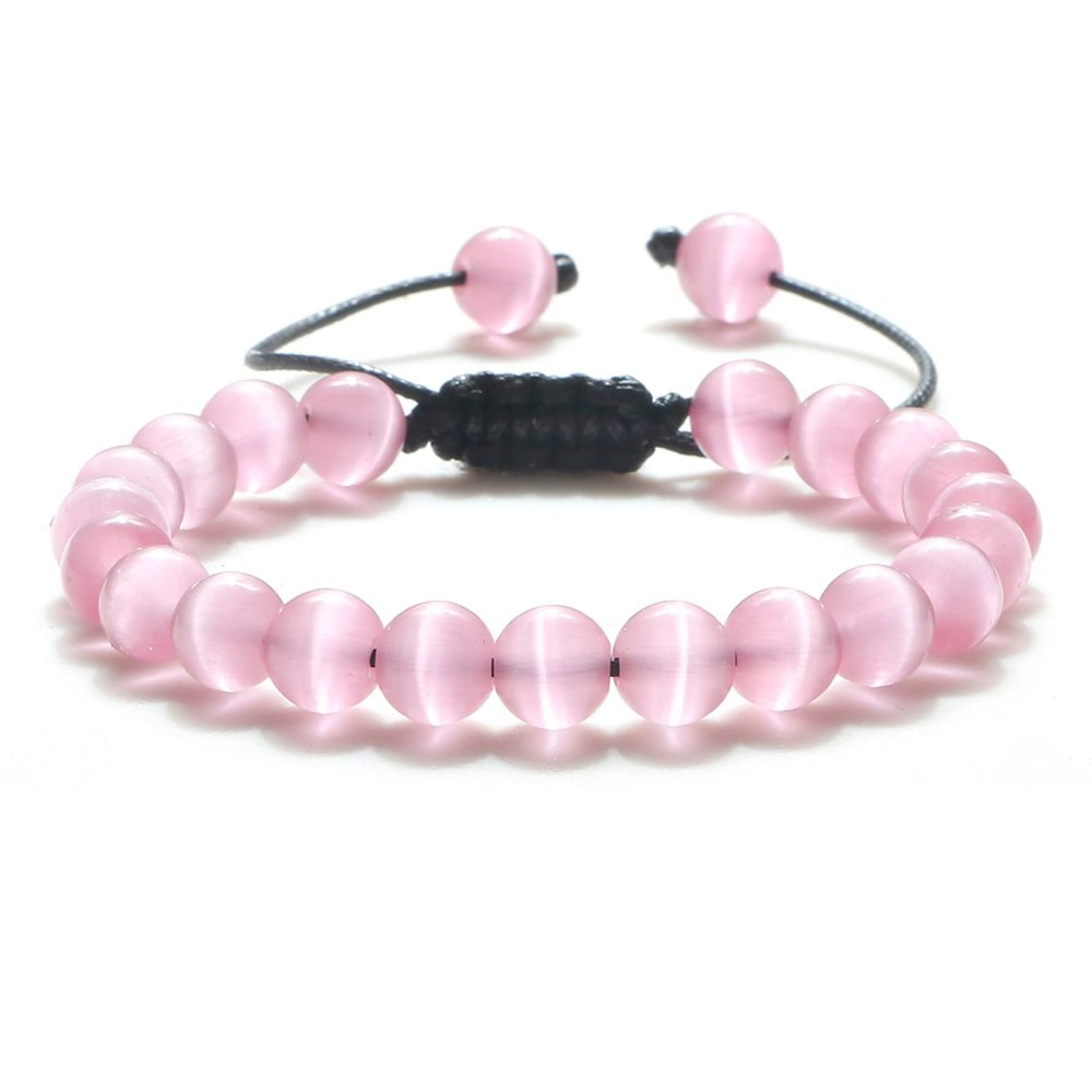 8mm Tiger Eye Stone Beads Bracelet Adjustable Braided Rope Bangles Natural Lava Rock Men Women Yoga Bracelets,Pink Cat Eye