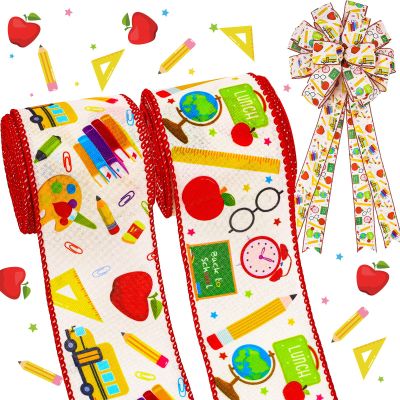 20 Yards Back to School Wired Edge Ribbons School Themed Decorative Fabric Ribbon School Supplies Pattern Wrapping Ribbon for DIY Crafts Bow Wreath Sewing Gift Wrapping,2 Styles