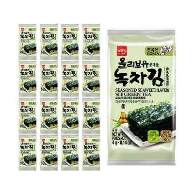 Wang Olive Oil Roasted Seaweed Snack with Green Tea, Gluten-free, Keto-friendly, Vegan, Healthy Snack 0.14 Ounce, Pack of 16
