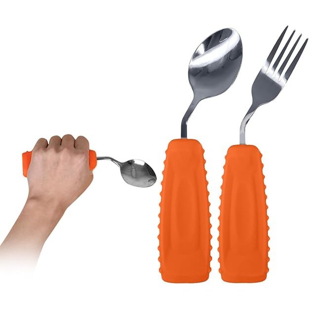 Ehucon Adaptive Utensils Angled Spoon and Fork for Hand Tremors Parkinsons,Weighted Utensils with Non-Slip Easy Grip Handles for Independent Eating (1pcs Spoon+1pcs Fork=2 pcs,Orange,Left Hand)