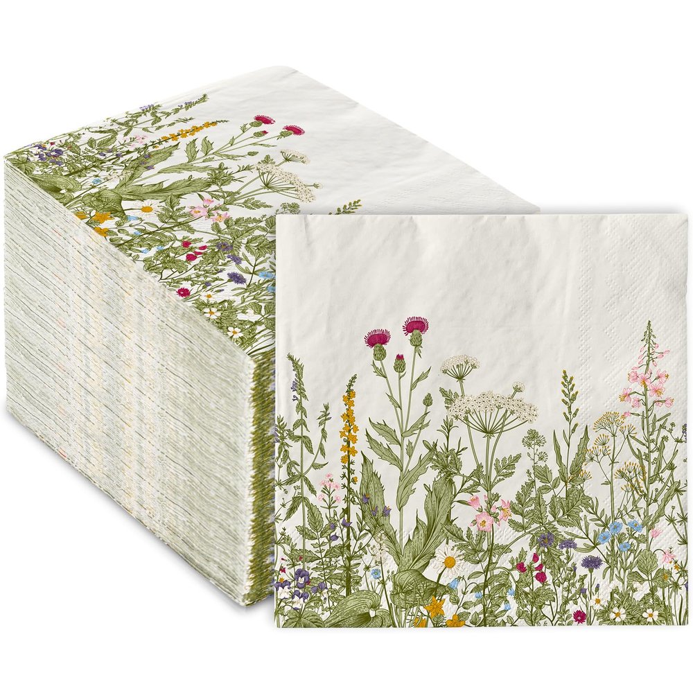 AnyDesign 80 Pack Floral Luncheon Napkins Wildflower Disposable Paper Botanical Green Leaves Herbs Dinner Hand Napkin for Home Kitchen Bathroom Holiday Party Supplies, 6.5 x Inch (A1737)