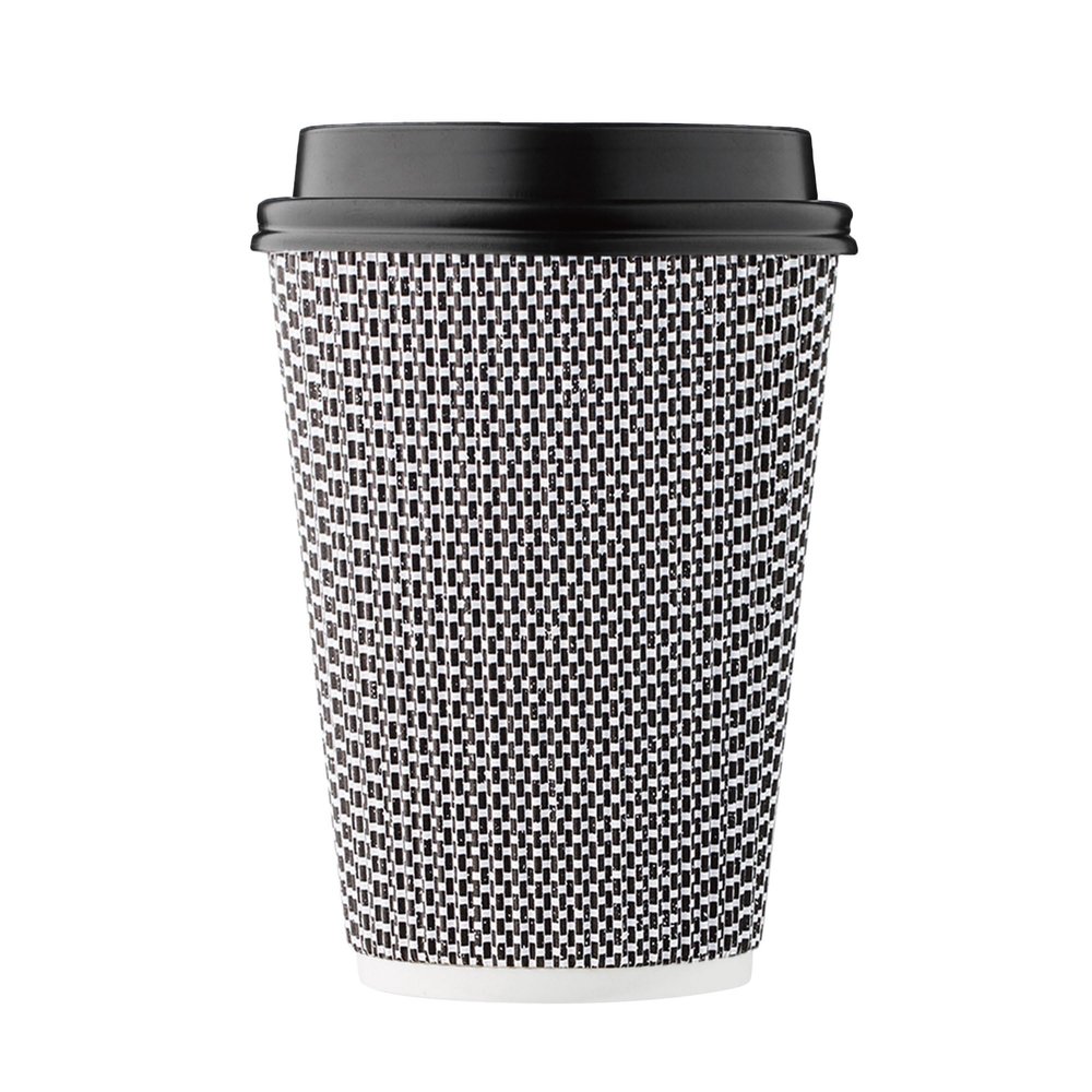 [100 SET]Harvest Pack 12 oz Disposable Coffee Cups, Insulated Ripple Double-Walled Paper Cup with Lids, Black and White Geometric, Tea Hot Chocolate Drinks To go coffee cups