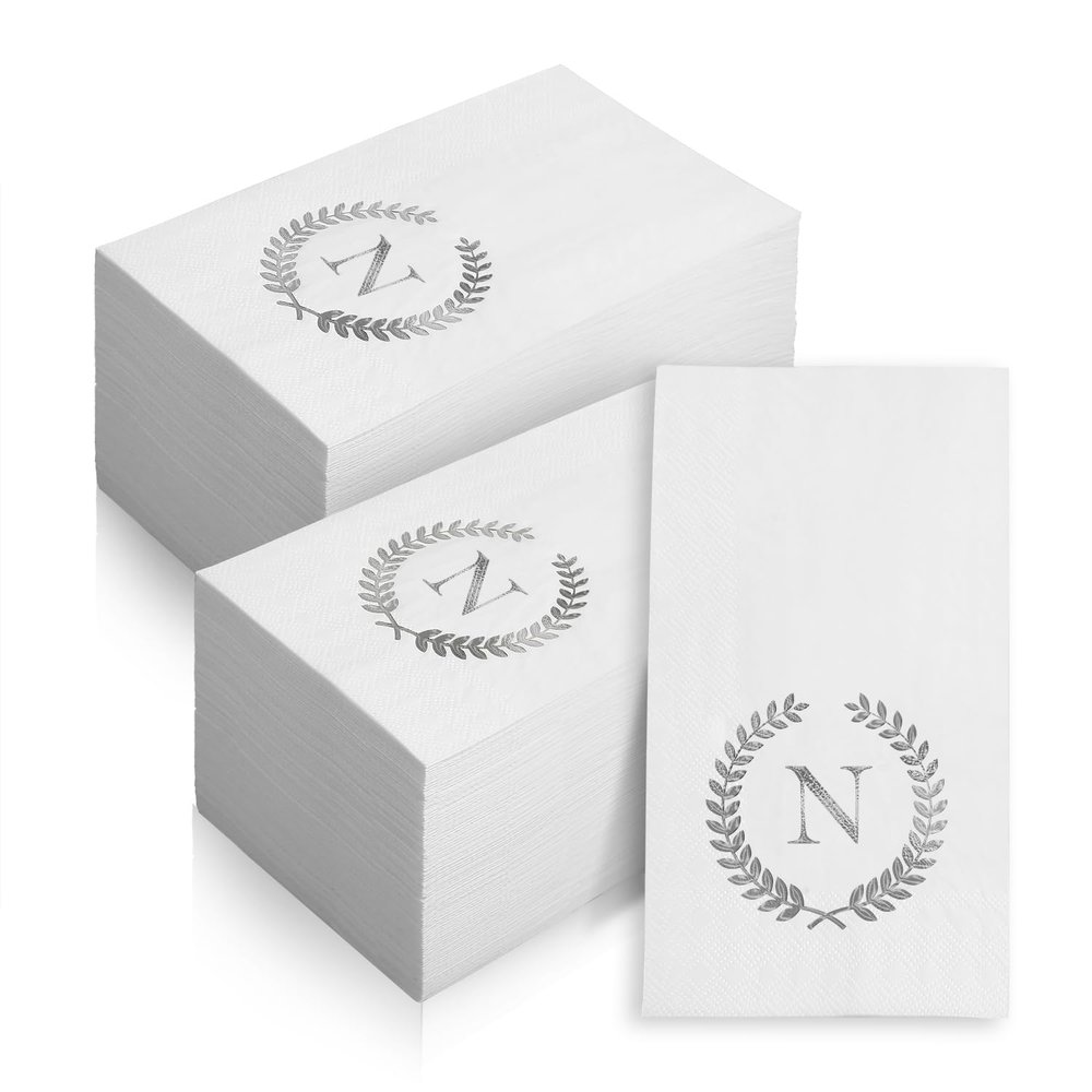 200 Pack Monogrammed Disposable Napkins Silver Foil Letter N Guest Napkins Initial Disposable Hand Paper Towels for Wedding Engagement Baby Shower Party Home Kitchen Bathroom Dinner Decorative Towels