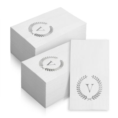 200 Pack Monogrammed Disposable Napkins Silver Foil Letter V Guest Napkins Initial Disposable Hand Paper Towels for Wedding Engagement Baby Shower Party Home Kitchen Bathroom Dinner Decorative Towels