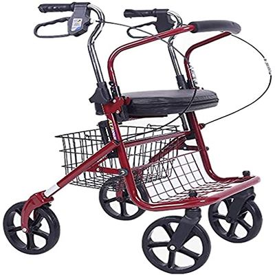 Bsetain Lightweight Steel Rollator Car 4 Wheels Foldable Walker with Reversible Cushion and Seat, Storage Shelf, Adjustable Handle Height (Color : Red)