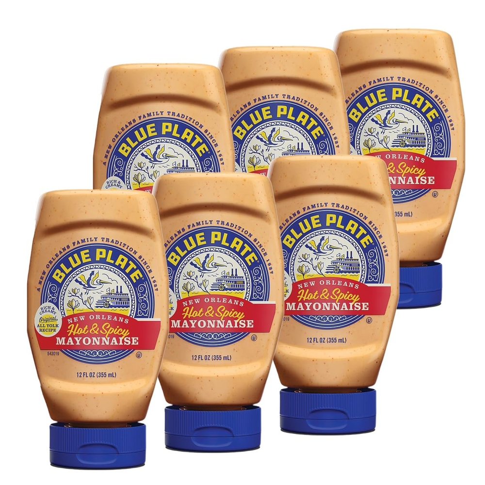 Blue Plate Hot & Spicy Mayonnaise, Rich and Creamy Mayo with a Southern Kick  12 Fl Oz Squeeze Bottle (Pack of 6)
