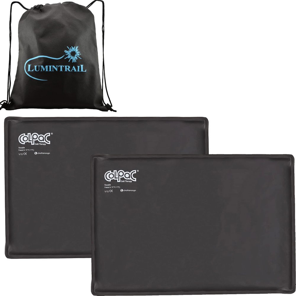 Chattanooga ColPac, Reusable Gel Ice Pack, Cold Therapy for Injury, Swelling, Bruises, Sprains, and Strains, 12.5" x 18.5" Oversize, 2 Pack Bundle, Black Polyurethane, with Lumintrail Drawstring Bag