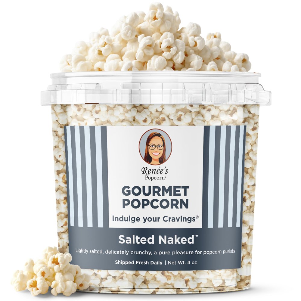 Renes Salted Naked Gourmet Popcorn - lightly salted popcorn using 3 pure ingredients, delicate crunchy fun, handmade snack or gift in 1.1-gallon plastic bucket tin. 4 oz bulk party size.