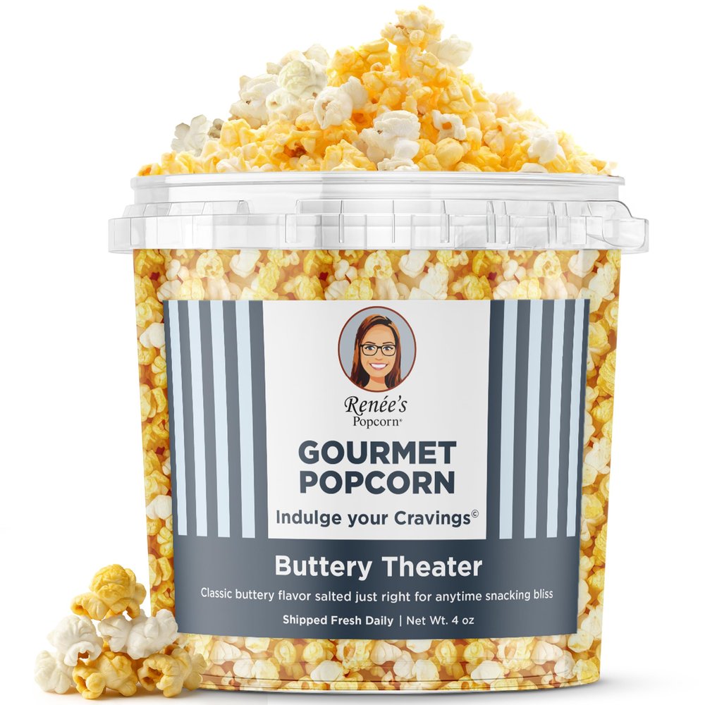 Renes Buttery Theater Gourmet Popcorn - classic buttery salted flavor crispy, popped fresh, handmade delightful snack - gift in 1.1-gallon plastic bucket tin, 4 oz bulk party size.