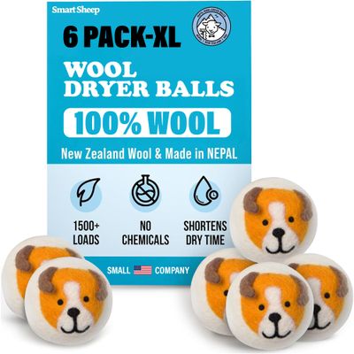 Smart Sheep Wool Dryer Balls - 6-Pack - XL Premium Natural Fabric Softener Award-Winning - Wool Balls Replaces Dryer Sheets - Wool Balls for Dryer - Laundry Balls for Dryer (Playful Pups)