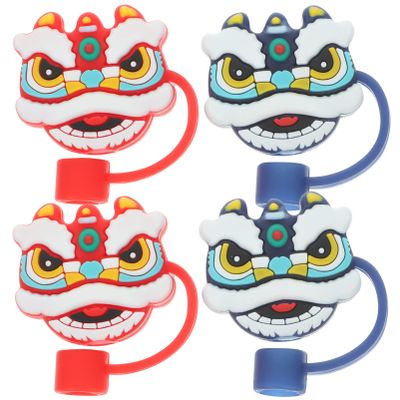 4pcs Lion Straw Tips Covers Reusable Drinking Straw Lids Cute Lion Dance Accessories Straw Toppers Cups Party Supplies Decorations