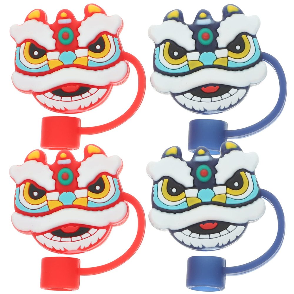 4pcs Lion Straw Tips Covers Reusable Drinking Straw Lids Cute Lion Dance Accessories Straw Toppers Cups Party Supplies Decorations