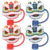 4pcs Lion Straw Tips Covers Reusable Drinking Straw Lids Cute Lion Dance Accessories Straw Toppers Cups Party Supplies Decorations view 1