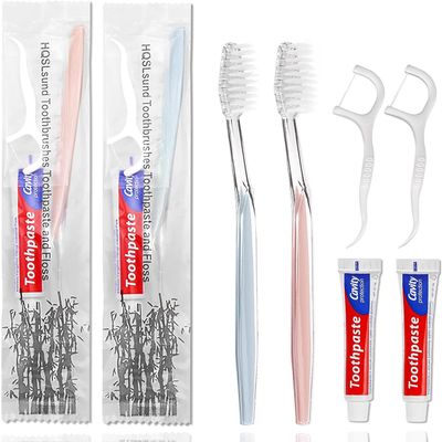 HQSLsund 50pcs Disposable Toothbrushes with Toothpaste Floss Individually Wrapped, 2 Color Disposable Toothbrush, 10g Toothpaste, Dental Floss Pick, Bulk Toothbrush Kit for Homeless,Airbnb,Hotel