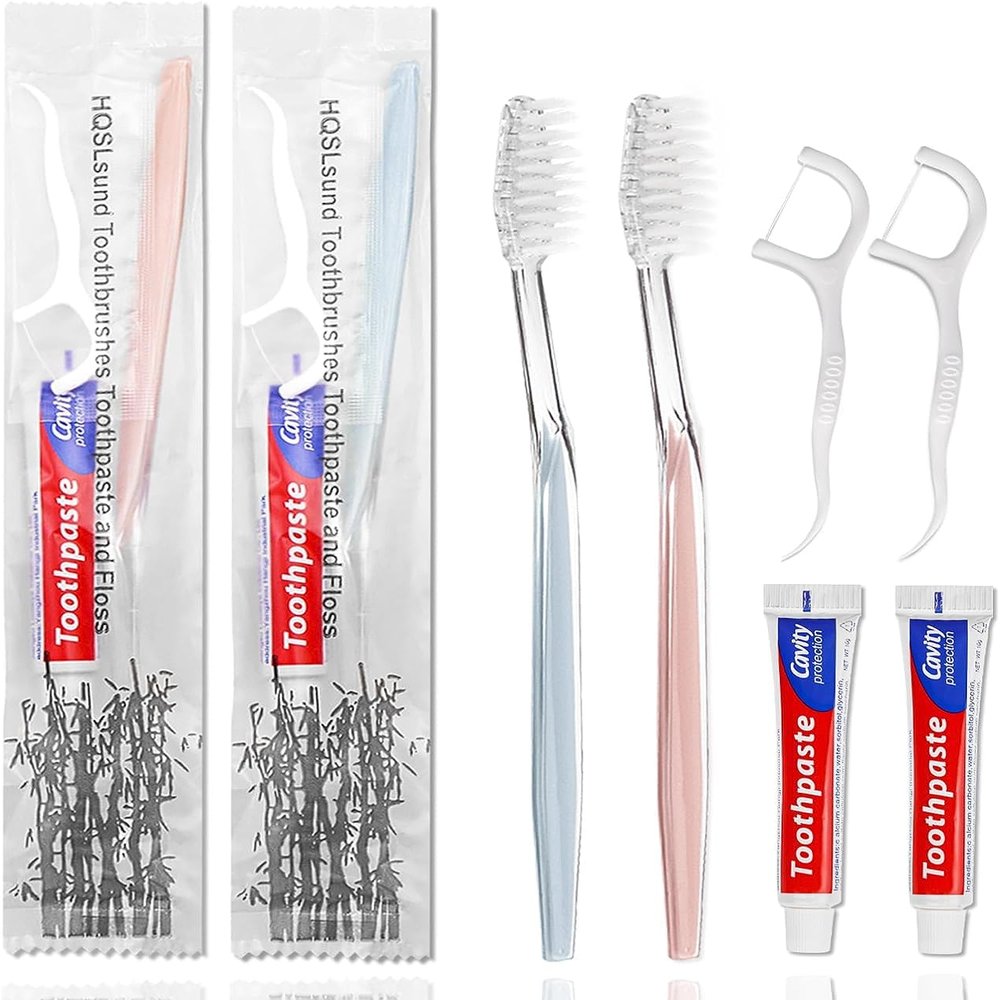 HQSLsund 50pcs Disposable Toothbrushes with Toothpaste Floss Individually Wrapped, 2 Color Disposable Toothbrush, 10g Toothpaste, Dental Floss Pick, Bulk Toothbrush Kit for Homeless,Airbnb,Hotel