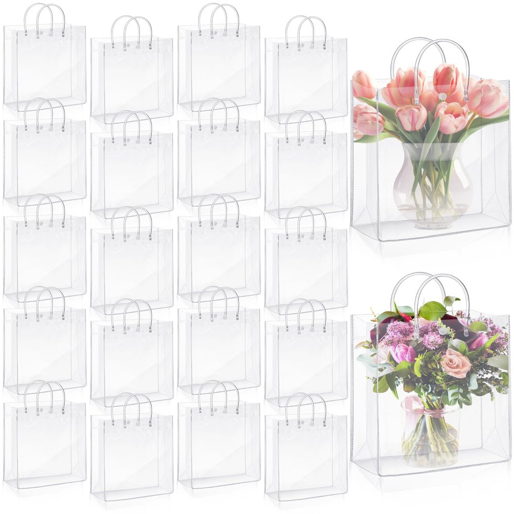 Amylove 24 Pcs Clear PVC Plastic Gift Bags with Handle Reusable Transparent Gift Wrap Tote Bag for Shopping Retail Merchandise Boutique Wedding Birthday Baby Shower Party Favor (11.8 x 11.8 x 3.9'')