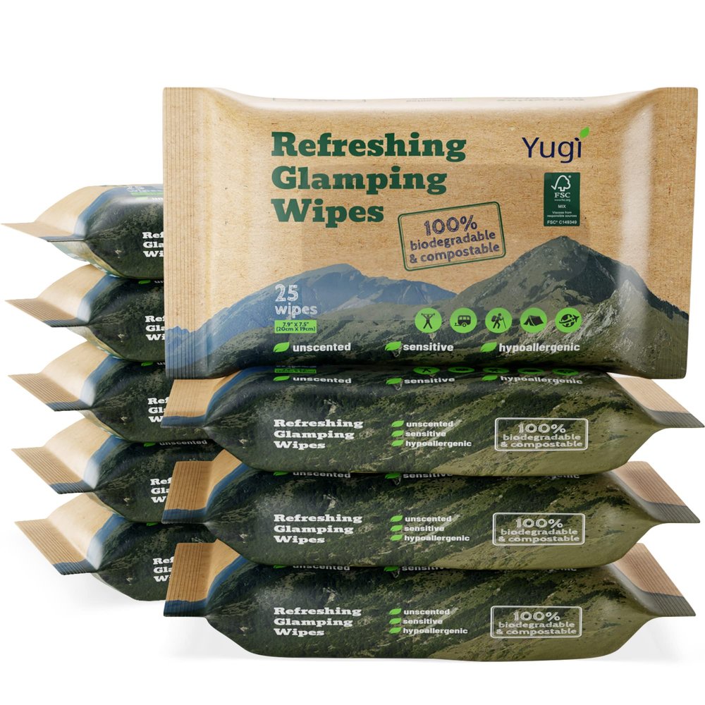 Yugi wet wipes, Face and Body Wipes for Camping, Post Workout and Traveling, Plant-based fibers unscented wipes (25 Count (pack of 9))