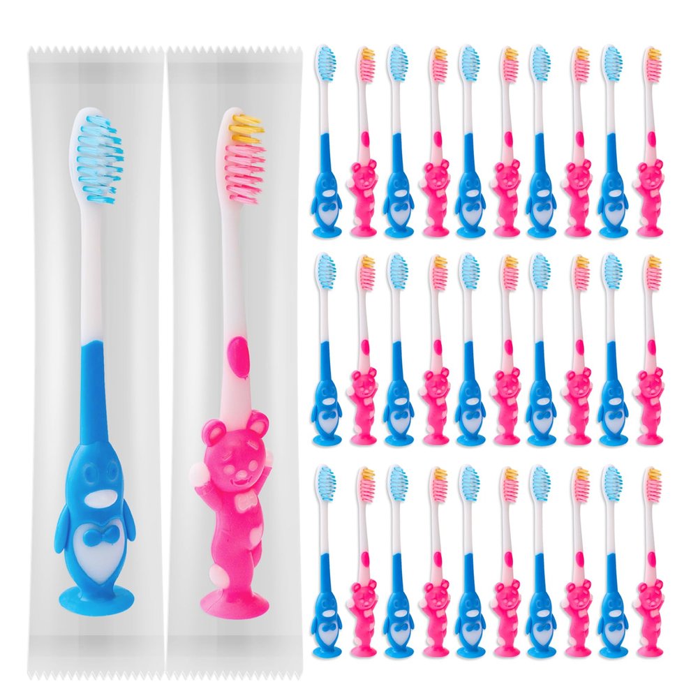 100 pcs Disposable Toothbrush Kids Individually Wrapped, Bulk Disposable Kid toothbrushes for Age 2+ Children Toothbrush Set Soft Bristles Boys Girls Toothbrush with Suction Cup
