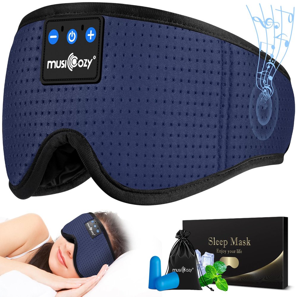 MUSICOZY Sleep Headphones Bluetooth 5.4 Headband Sleeping Eye Mask for Mom Women Men Wireless Music Earbuds Earphones for Side Sleepers Built-in HD Speakers Cool Gadgets Unique Gifts (Navy Blue)