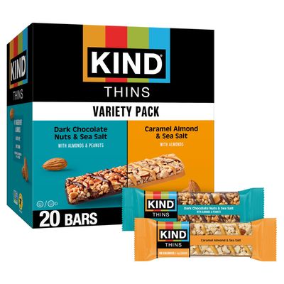 KIND Thins Variety Pack, Dark Chocolate Nuts & Sea Salt, Caramel Almond & Sea Salt, Healthy Snacks, Low Calorie, 20 Count