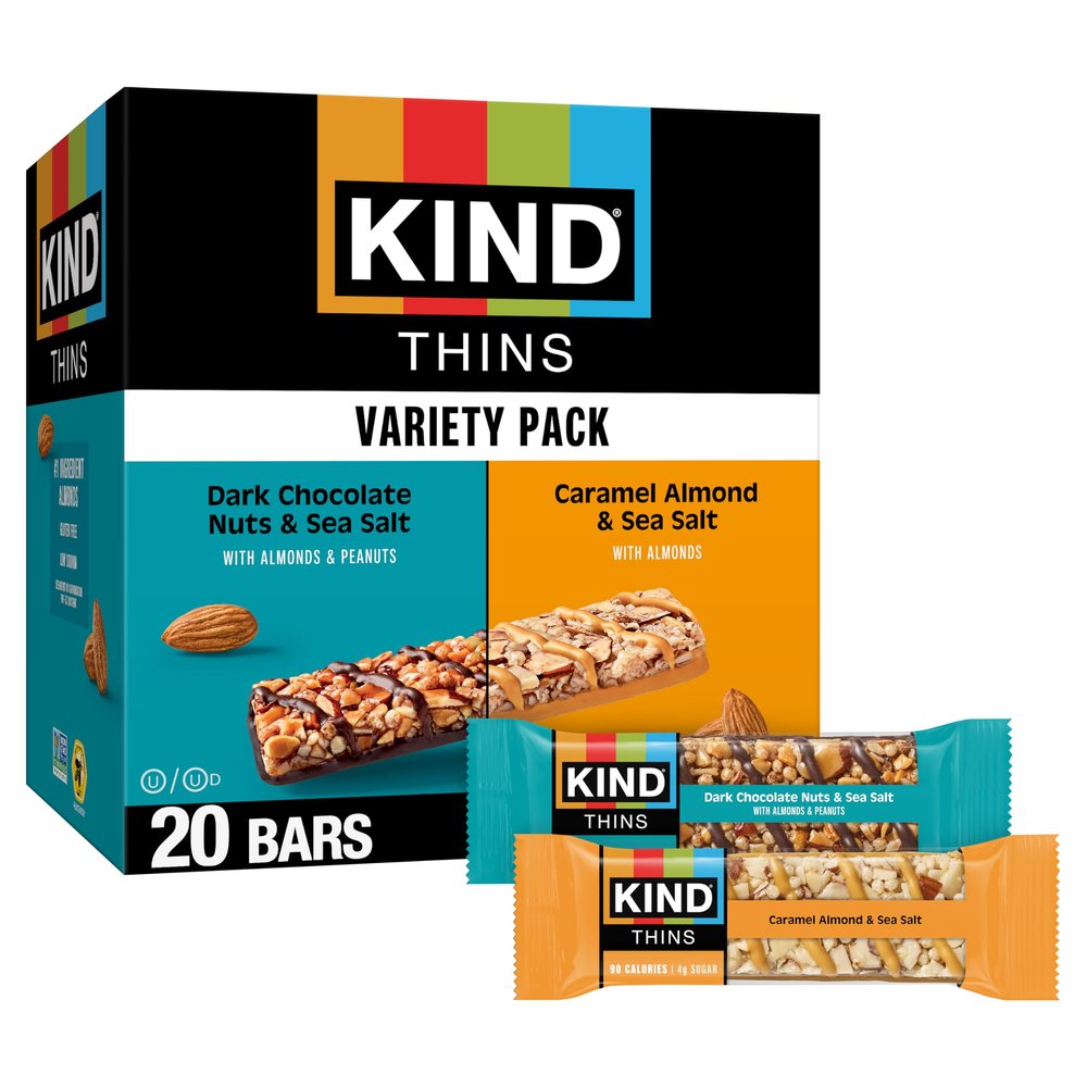 KIND Thins Variety Pack, Dark Chocolate Nuts & Sea Salt, Caramel Almond & Sea Salt, Healthy Snacks, Low Calorie, 20 Count