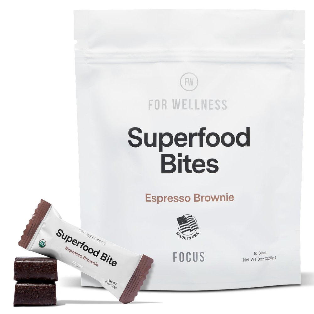 For Wellness Superfood Bites Focus | Healthy Snacks for Adults and Kids | Organic, Healthy Snack with Nootropics for Energy and Brain Food | Cocoa Espresso Brownie Bites, 10 Count