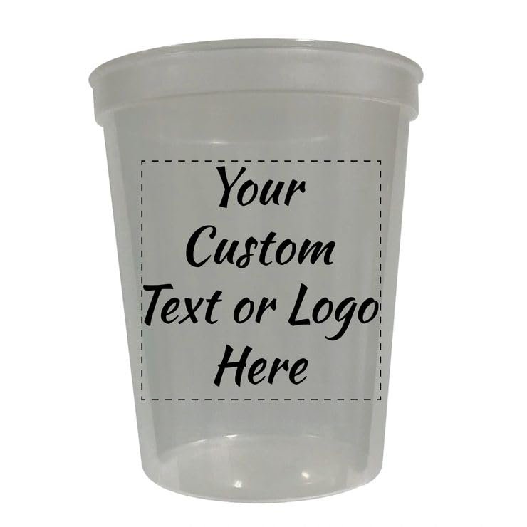 Custom Party Cups Personalized with your Logo or Message Bulk Order Case of 500 Reusable or Disposable 16 oz Plastic Stadium Cups - Clear